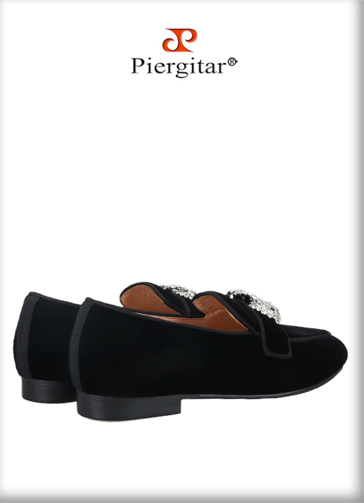 Piergitar Black Velvet Slippers With Matching Gros-grin Piping And Chain-Shaped Allover Crystals Handmade Slip-On Men's Loafers