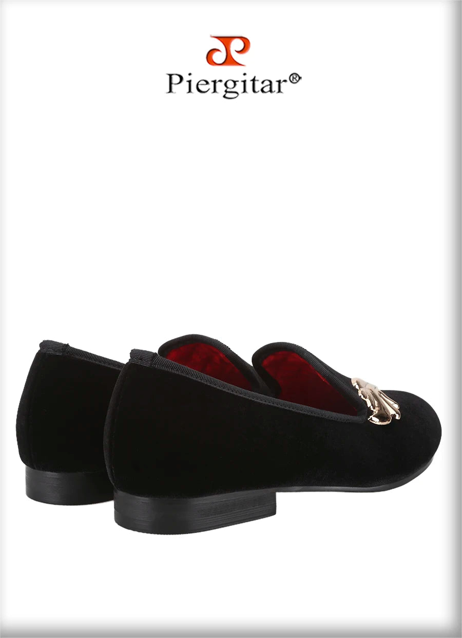 Piergitar Handcraft Black Velvet Slip-On Shoes With Gold Wings Metal Buckles For Wedding And Prom Classic Style Men's Loafers