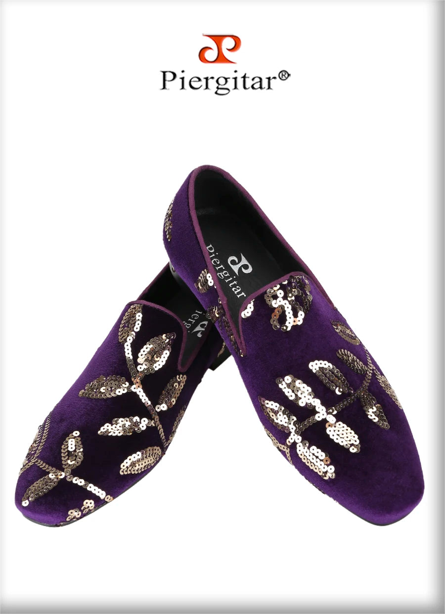 Piergitar Black And Dark Purple Velvet With Handmade Floral Sequin Men's Loafers CL Same Classic Red Outsole Slip-On Moccasins