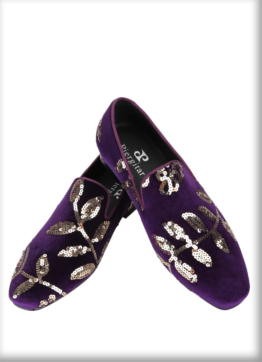 Black and Dark Purple Velvet with Handmade Floral Sequins Men's Loafers CL The Classic Red Outsole Moccasins