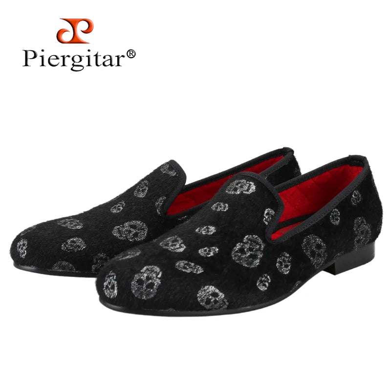 Piergitar New Style Black Horsehair Sliver Skull Embossed Men Shoes For Party Slip-On Loafers Smoking Slipper Men Flat Plus Size