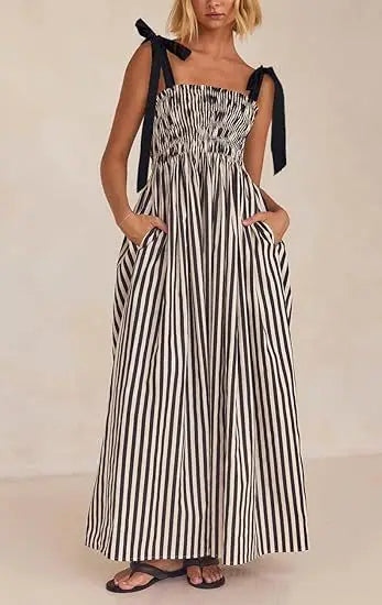 2025 Women's Summer Style Striped Rubber Elastic Sexy Big Swing Bag Suspender Dress Club Clothing Vestidos