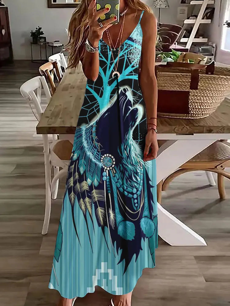 Women's Long Spaghetti Strap Tribal Pattern Dress
