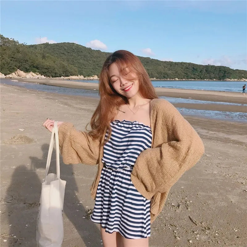 Women Women's Korean College Style Lazy Loose Sunscreen Cardigan Summer Sexy Knitting Cardigan One Size
