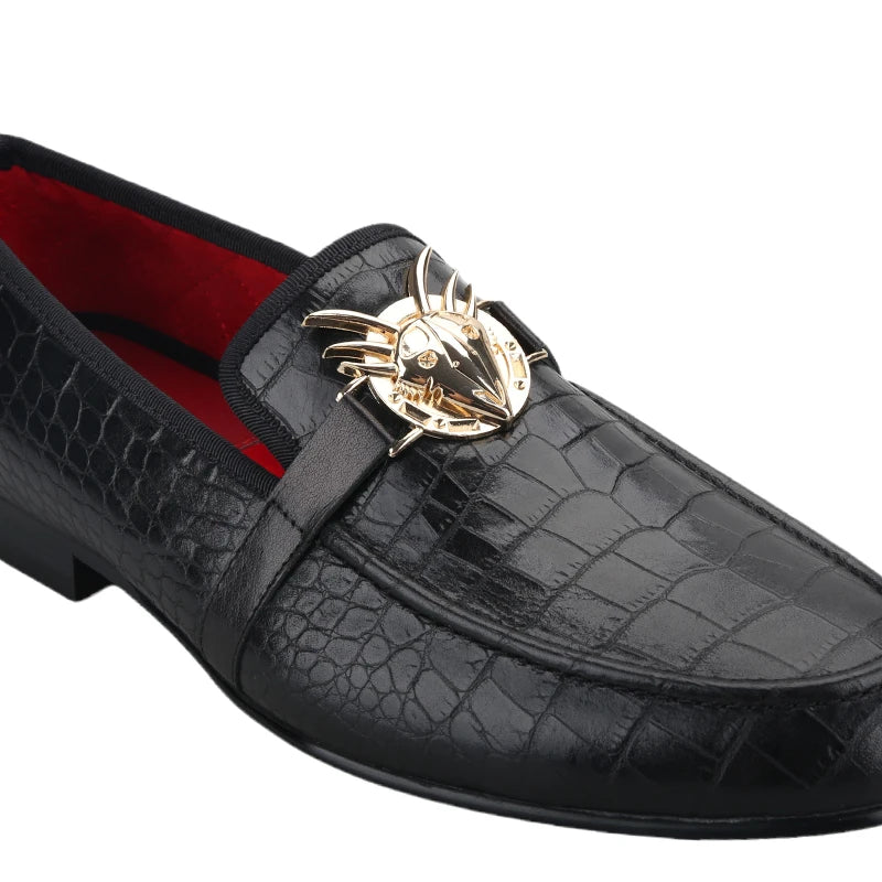 Black Cow Leather Men Smoking Loafers Fashion Metal Buckle Handmade Slide-On Loafers Wedding And Party Plus size