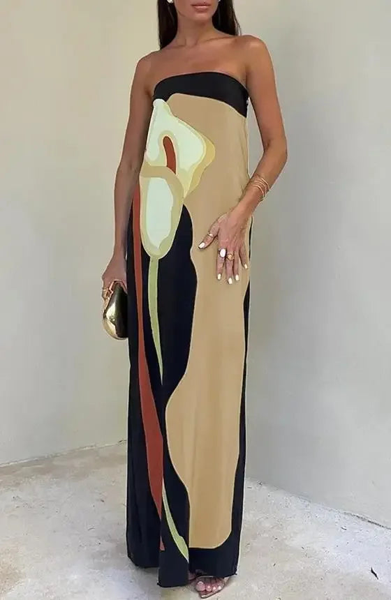 Tube Bodycon Dress Women Elegant Avocado Print Strapless Elegant Maxi Dress Sleeveless Holiday Robes Summer Chic Long Dress