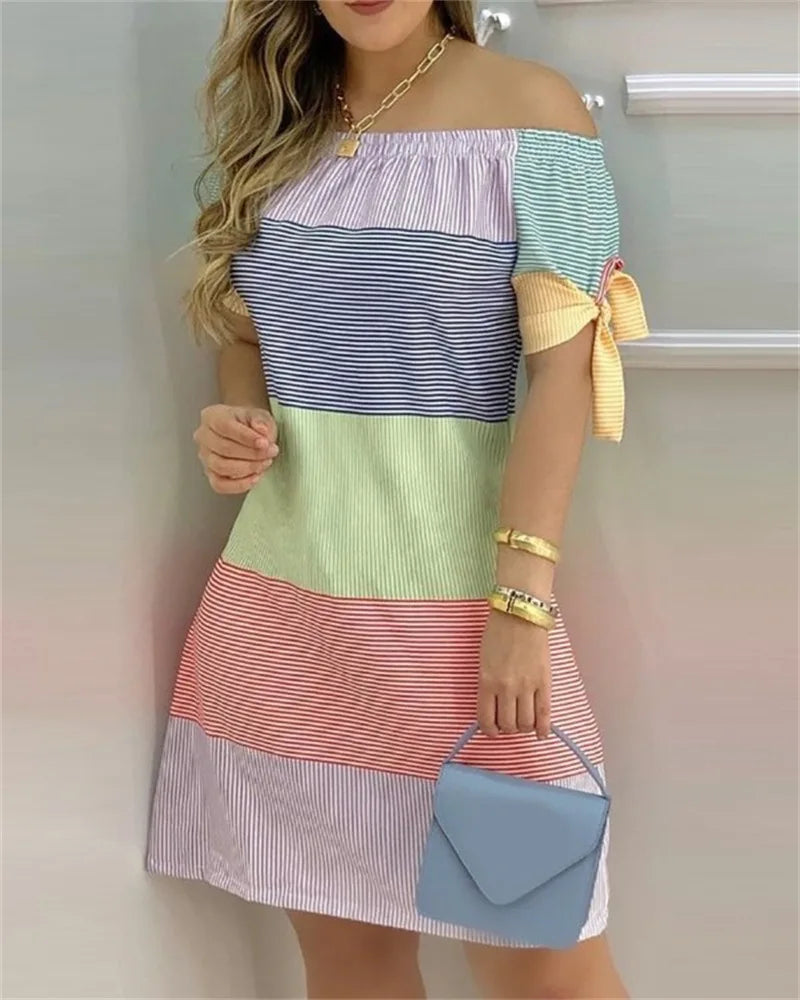 3XL Women's Casual Gradient Off Shoulder Short Sleeve Dress Bow Print Mini Dress