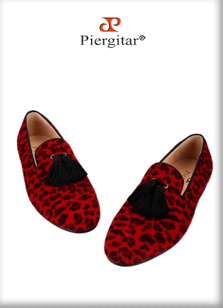 Piergitar Red And Black Animalier-Printed Superior Velvet Slippers With Handmade Silk Fringed Tassels Slip-On Men's Loafers