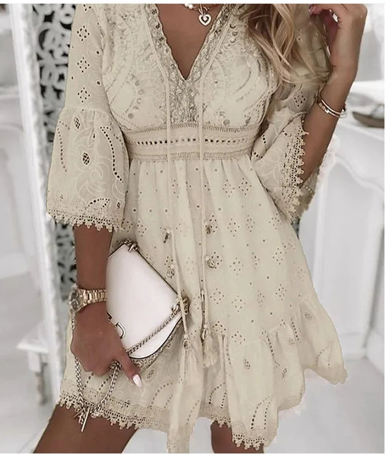 Women's White Hollow Lace up Mini Dress