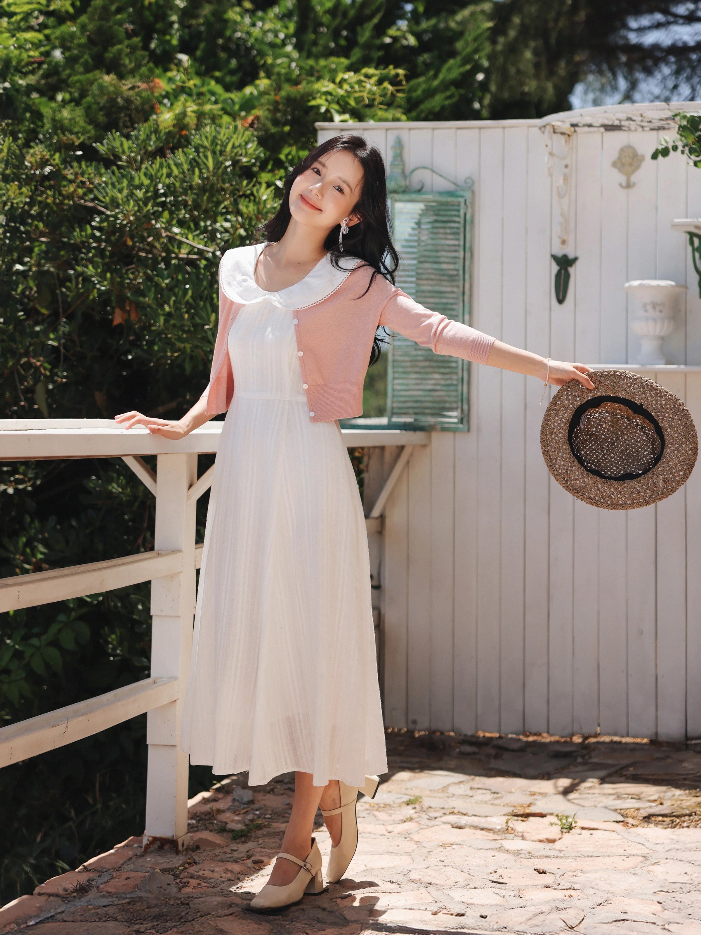 White Bow Jacquard Sundress Women Sweet Summer A-Line Dress with Tie Straps Petite Fit Flowy Midi Dress Cute Vacation Daily Wear