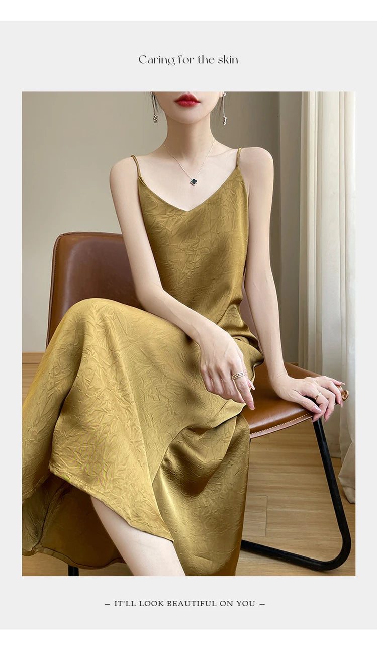 2025 New 100% Anti Wrinkle Mulberry Silk Strap Dress for Women's Summer New Loose Long Skirt