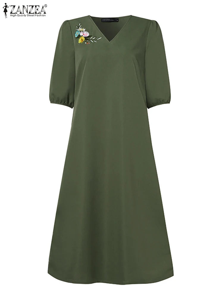 Women's V-Neck Floral Embroidery Midi Dress