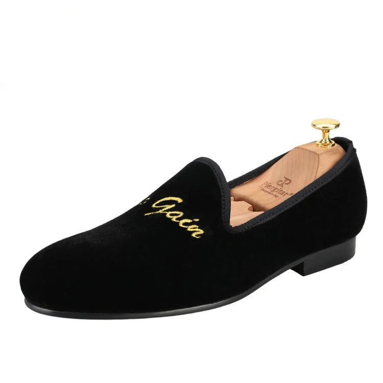Black Velvet Moccasins with Gold Personality Embroidery for Party and Banquet Handmade Slip On Loafers