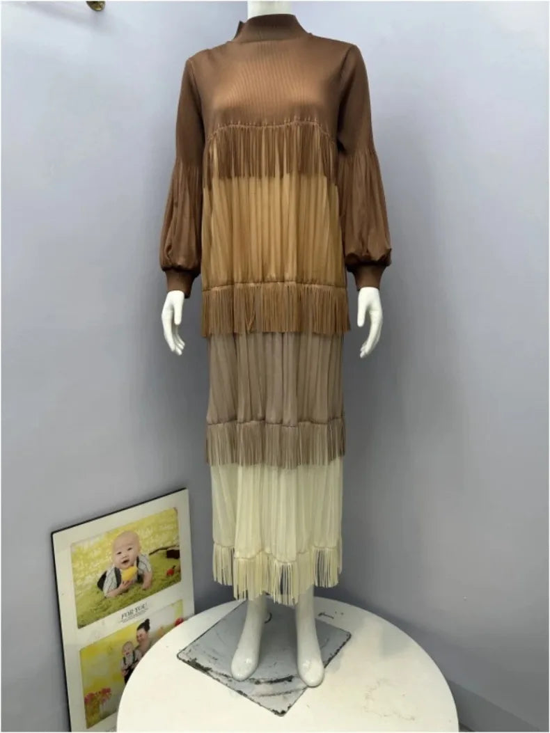 Women's Pleated Puff Sleeve Tassel Dress