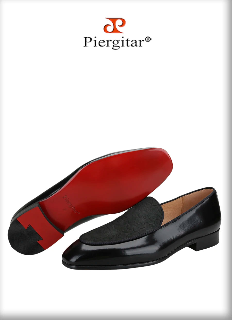Piergitar Flower Pattern Embossed Leather Patchwork With Black Calfskin Men's Loafers Handmade Slip-On Slippers Red Bottom Flats