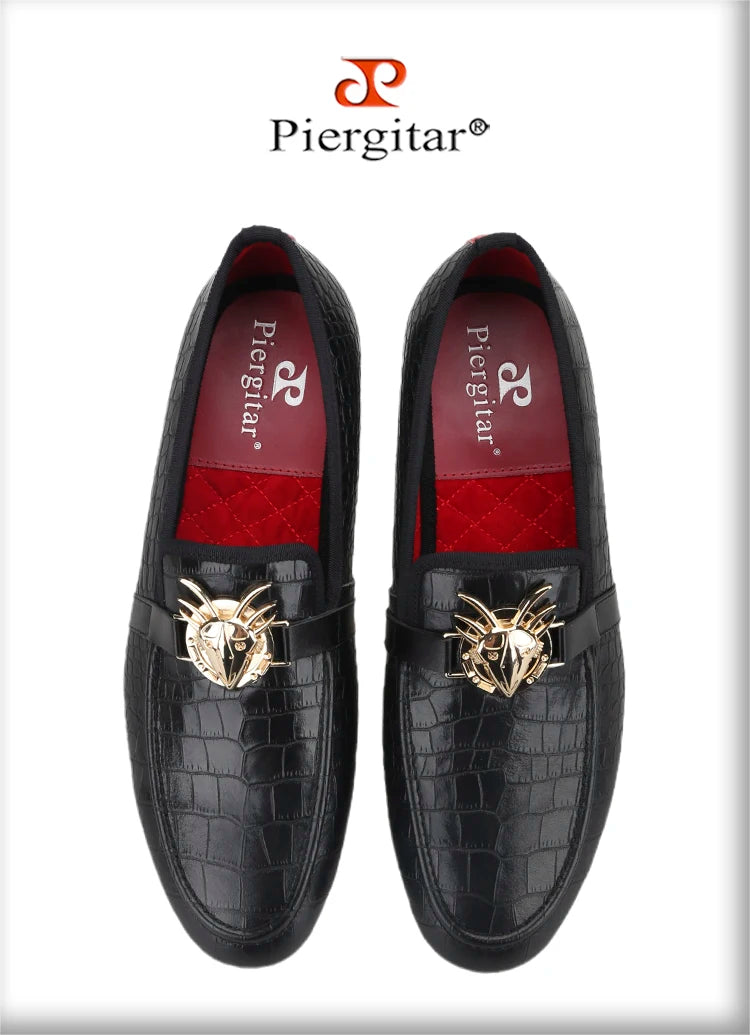 Piergitar Black Cow Leather Men Smoking Slippers Fashion Metal Buckle Handmade Slip-On Loafers For Wedding And Party Plus Size