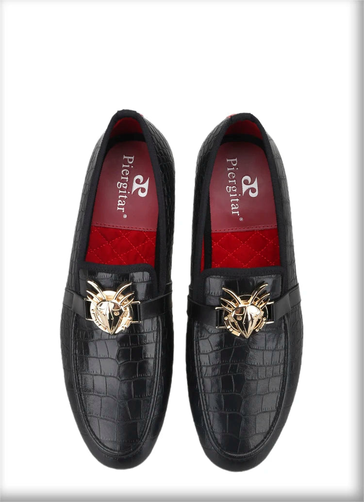 Black Cow Leather Men Smoking Loafers Fashion Metal Buckle Handmade Slide-On Loafers Wedding And Party Plus size