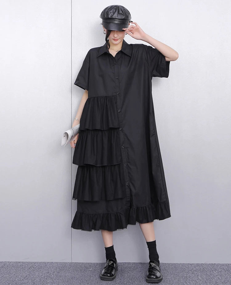 Ruffle Decoration New 2025 Summer Korean Style Woman Black Shirt Dress Loose Fit Chic Big Size Casual Holiday Dress Robe JKXD002