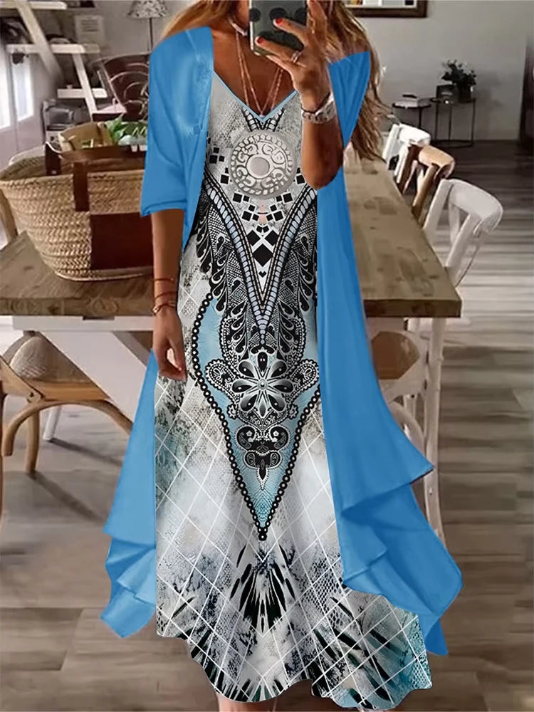 Plus Size Casual Dress Sets Solid Open Front and Graphic Printed Dress Sets Women's Plus Size Clothing