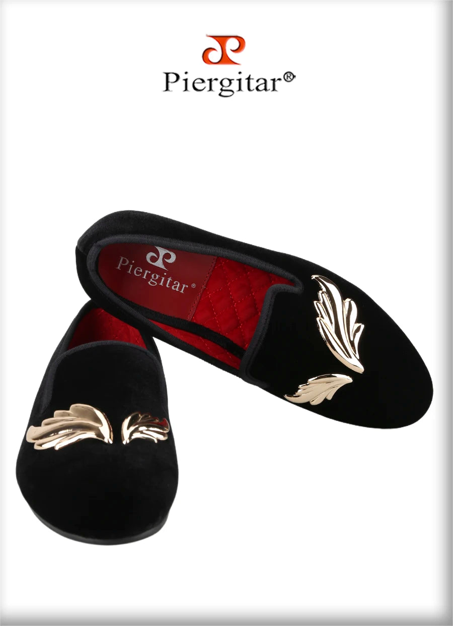 Piergitar Handcraft Black Velvet Slip-On Shoes With Gold Wings Metal Buckles For Wedding And Prom Classic Style Men's Loafers