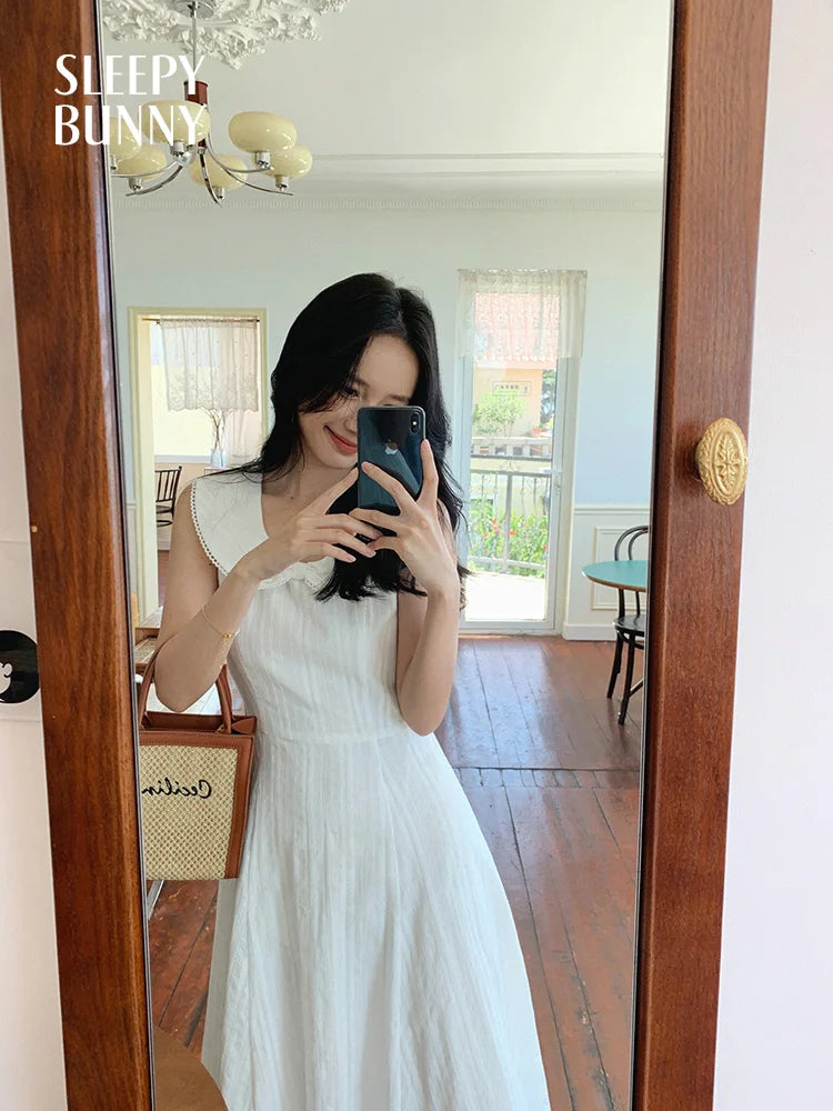 White Bow Jacquard Sundress Women Sweet Summer A-Line Dress with Tie Straps Petite Fit Flowy Midi Dress Cute Vacation Daily Wear