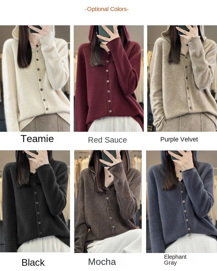 First Line 100% Merino Wool Knitted Cardigan Women's Autumn And Winter Hoodie Loose Sweater Fashionable Versatile Coat Top YC014
