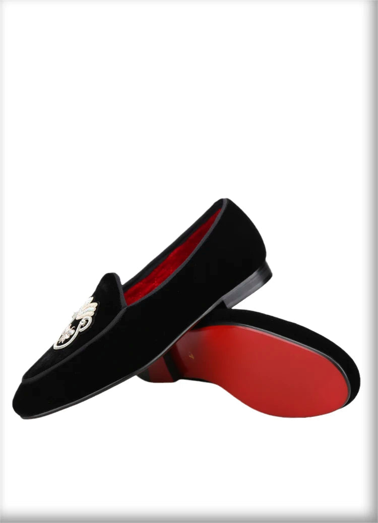 Black Velvet Men's Loafers with Embroidered Bee Rhinestone Patches and Red Outsole