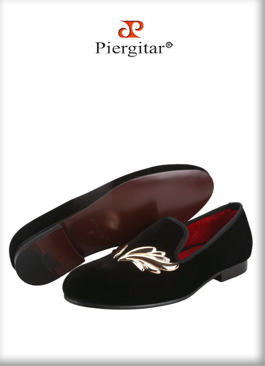 Piergitar Handcraft Black Velvet Slip-On Shoes With Gold Wings Metal Buckles For Wedding And Prom Classic Style Men's Loafers