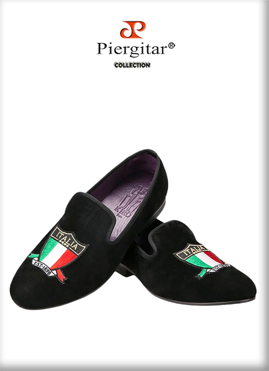 Piergitar Handmade Embroidery Of Four Powerful Football Countries Black Velvet Men Loafers Genuine Leather InSoles And Outsoles