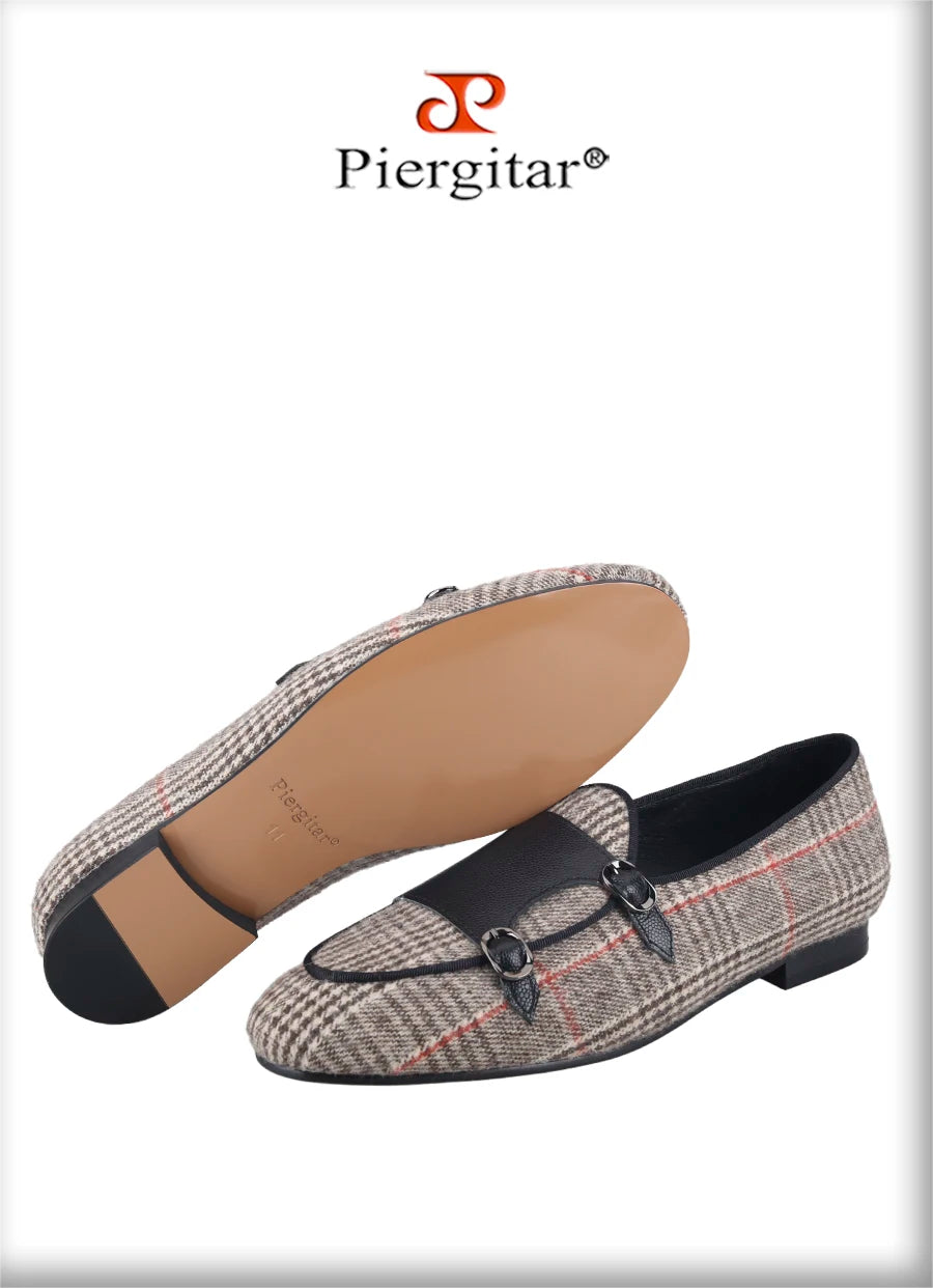 Piergitar 2024 Summer Style Plaid Cotton Men's Loafers Handmade Stitching Metal Buckle Monk Slippers Breathable Leather Insole