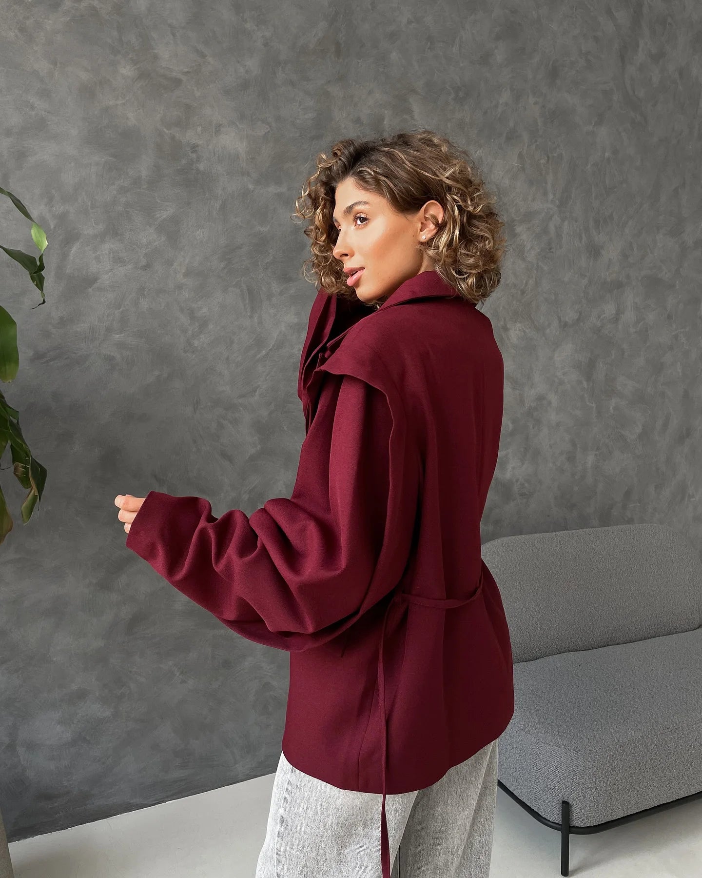 Trendy Lace-up Waist Cinching Blazer Woman Casual V-neck Solid Office Outerwear 2025 Autumn New Commute Long Sleeve Short Coats