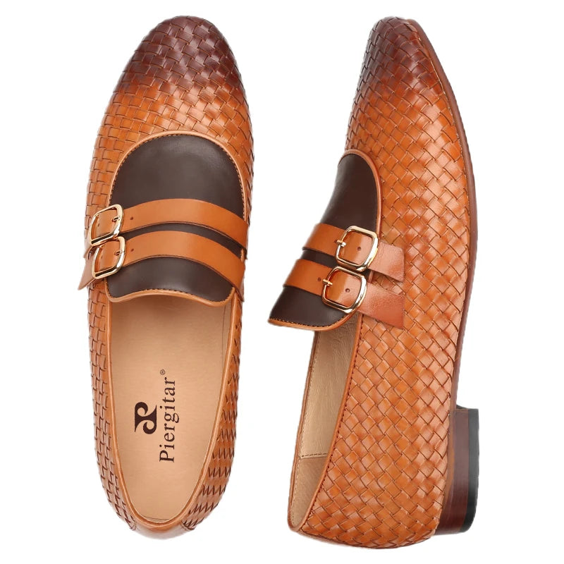 Men's Hand-Rubbed Brown Woven Calfskin Monk Shoes with Cross-Tied Handmade Loafers Genuine Lining