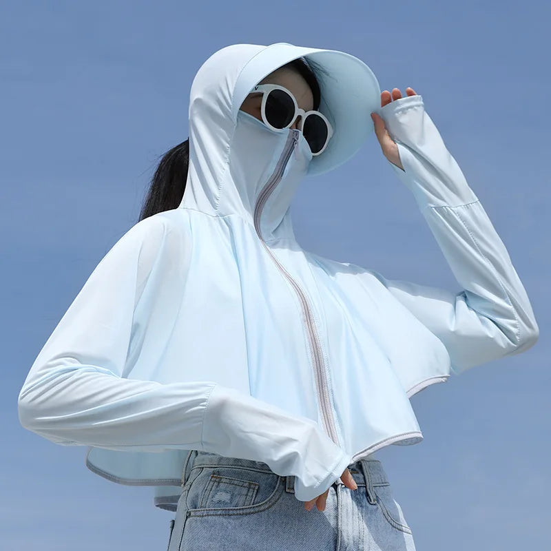 UPF 50+ Women Sunscreen Hoodie Solid Color Thin Ice Silk Summer UV Protection Long-sleeved Jacket Breathable Shirt Clothing