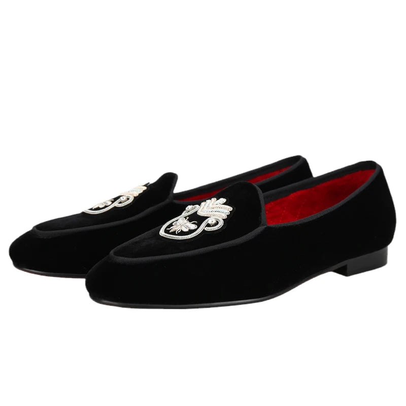 Black Velvet Men's Loafers with Embroidered Bee Rhinestone Patches and Red Outsole