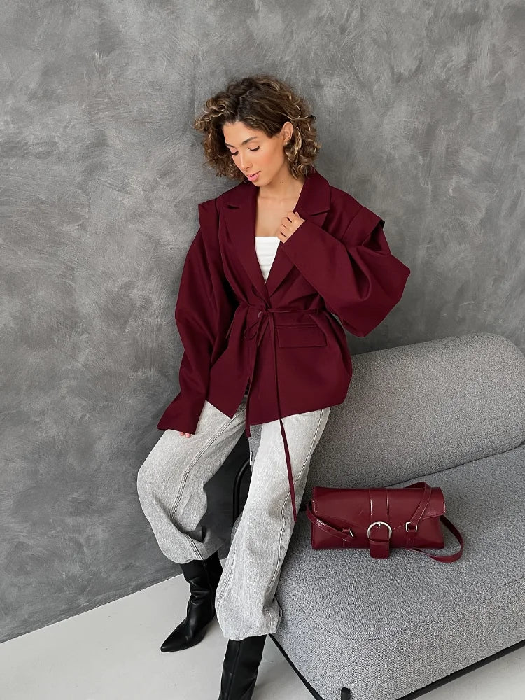 Trendy Lace-up Waist Cinching Blazer Woman Casual V-neck Solid Office Outerwear 2025 Autumn New Commute Long Sleeve Short Coats