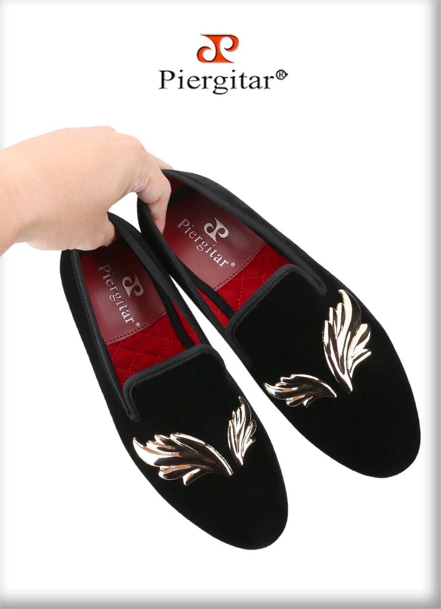 Piergitar Handcraft Black Velvet Slip-On Shoes With Gold Wings Metal Buckles For Wedding And Prom Classic Style Men's Loafers