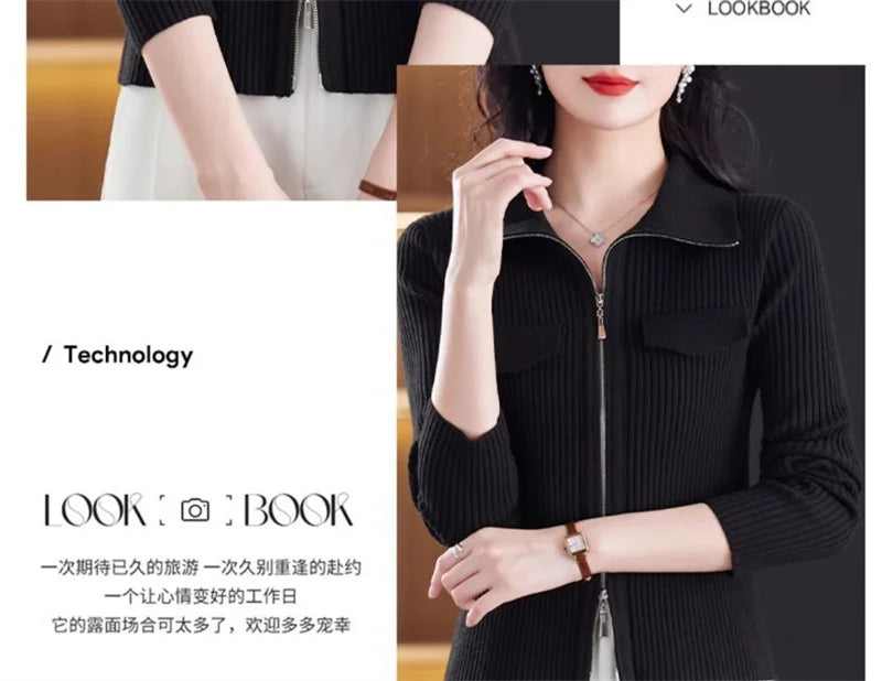 Spring Autumn Women Knitted Sweater Cardigan Short Jacket 2025 New Korean Fashion Zipper Solid Turn-Down Knit Coat Female Tops