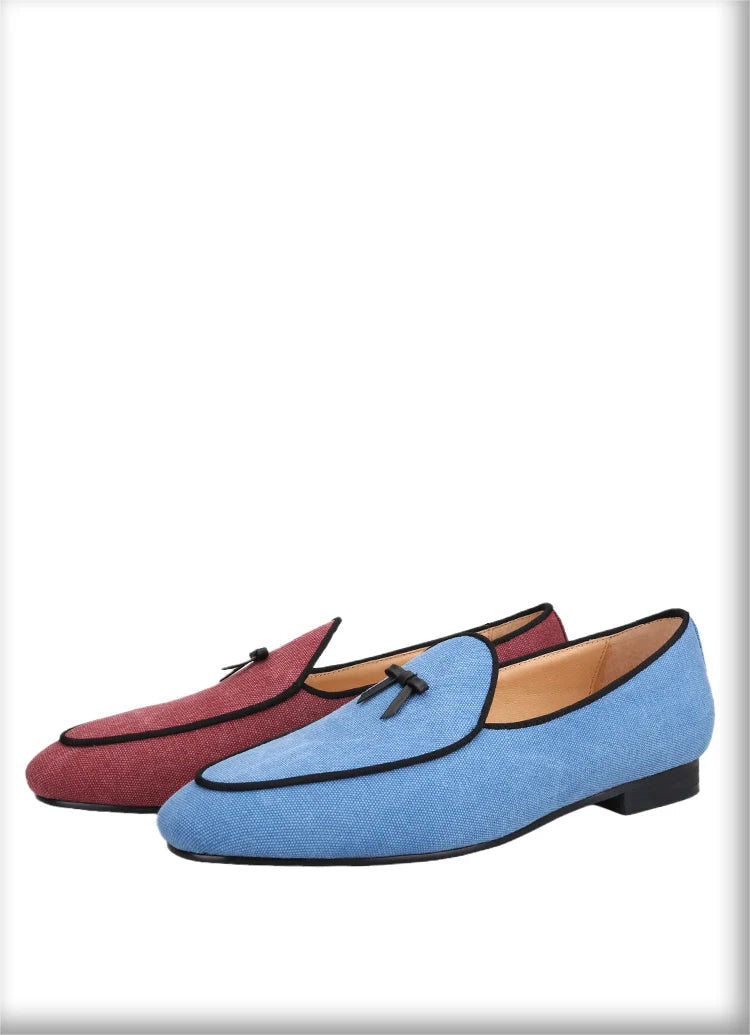 Three Colors Raw Canvas Belgian loafers with Calfskin Bows, Handmade Slip On Classic Mens Smoking Slippers