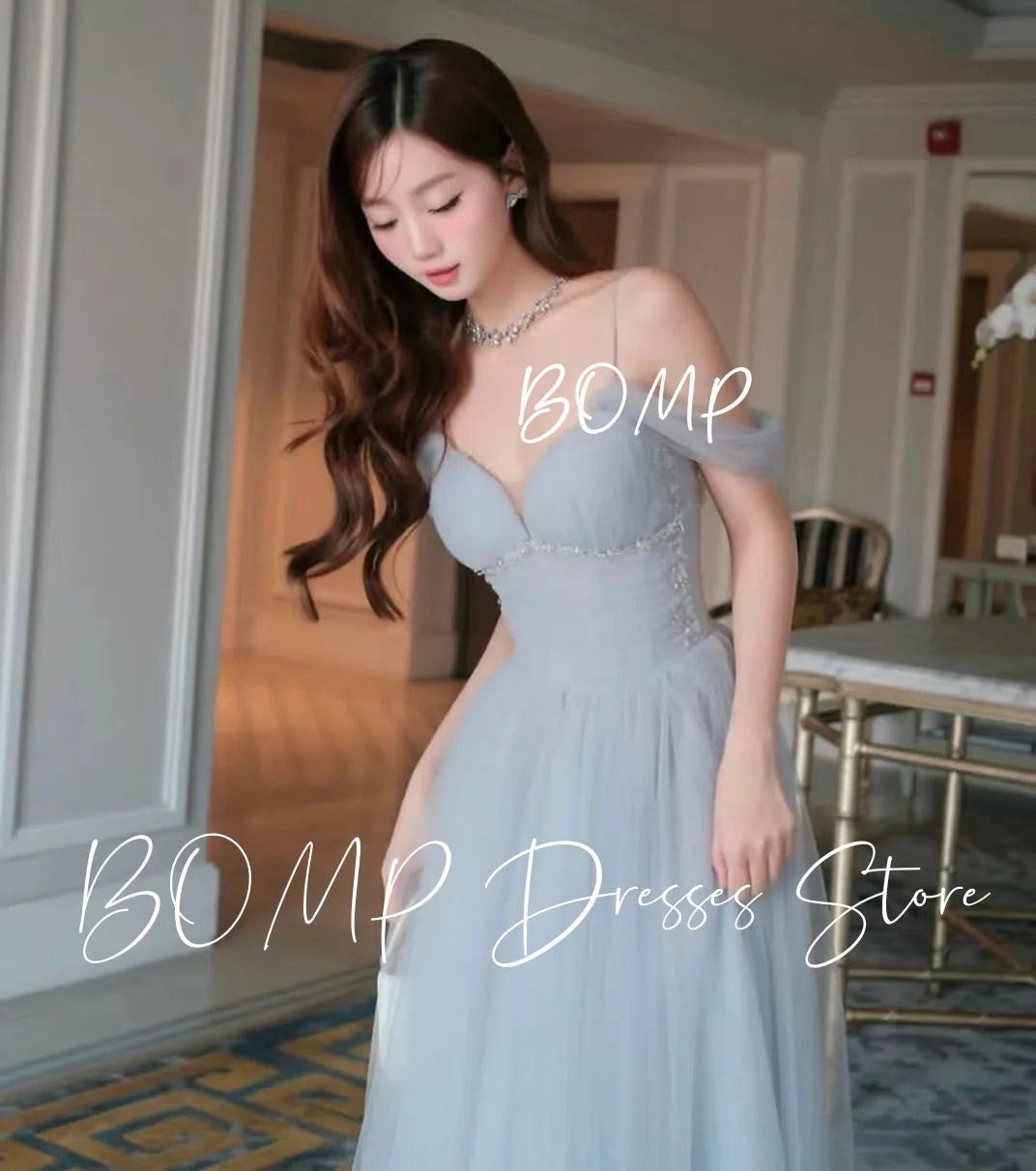 BOMP Princess Grey Korea Wedding Party Dress Sweetheart Off Shoulder Draped Tulle Special Occasion Birthday Gown Customized
