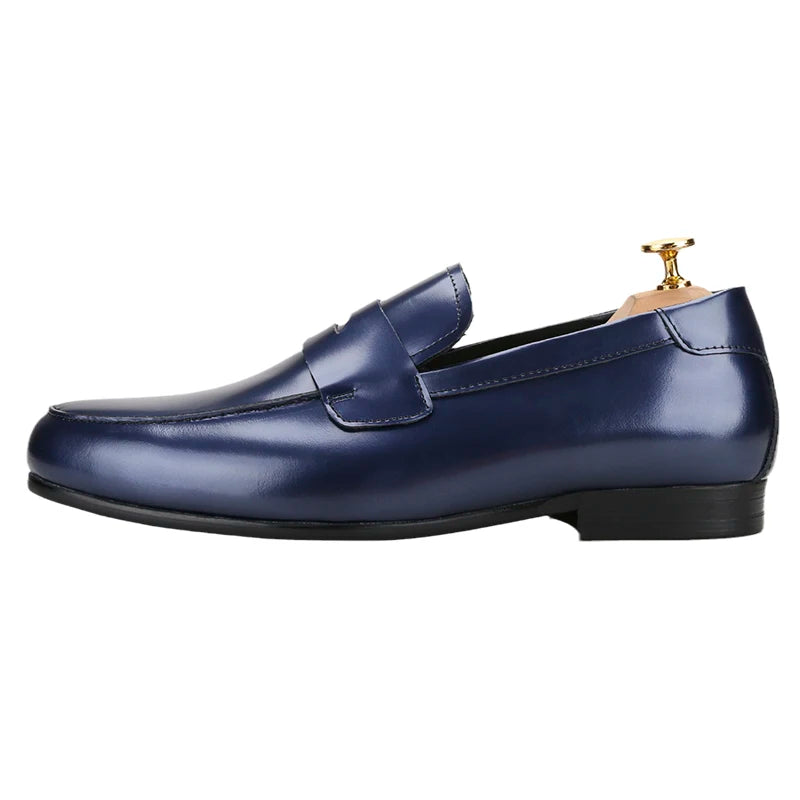 Piergitar Navy-Purple Smooth Genuine Leather Men's Penny Loafers Handmade Slip-On Male Flat Shoes For Party/Wedding Suit Wear