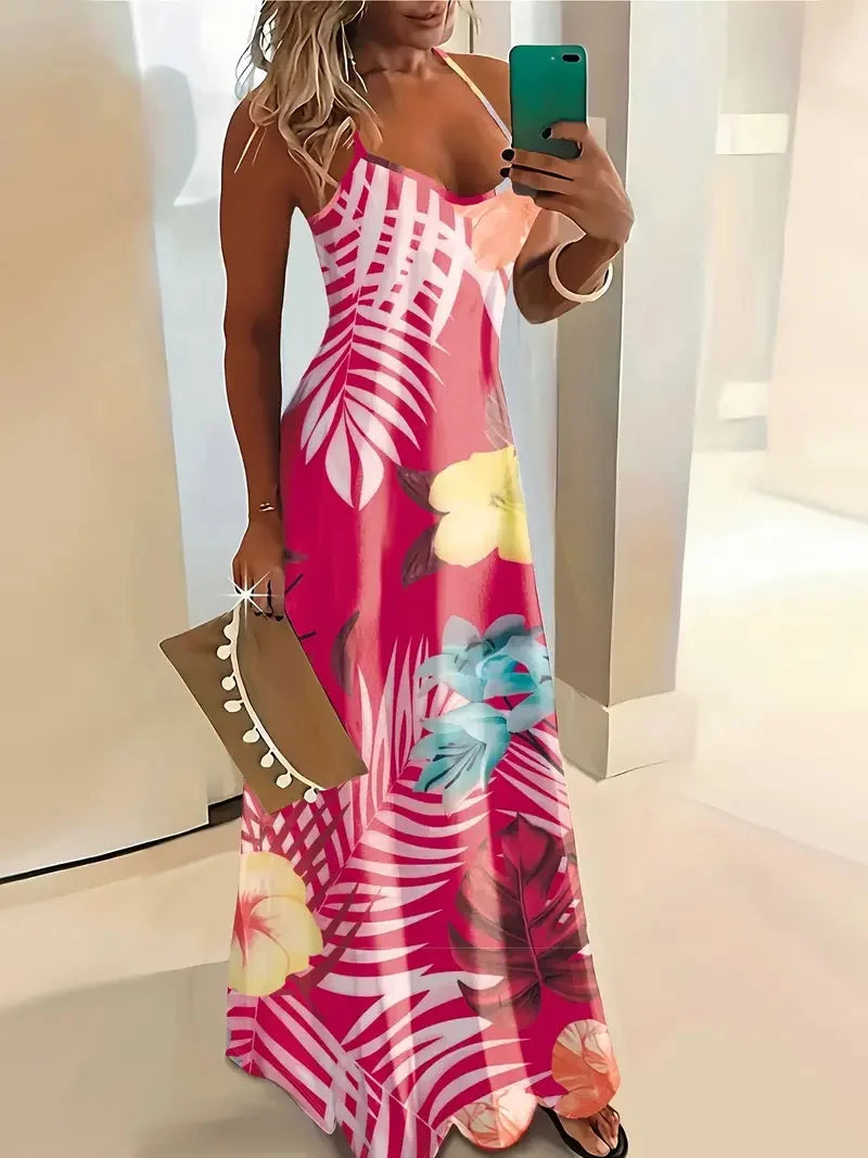 Summer Fashion Loose Women's Long Dress Colorful Botanical Flower Print V-Neck Print Casual Long Dress Bohemian Beach Dress