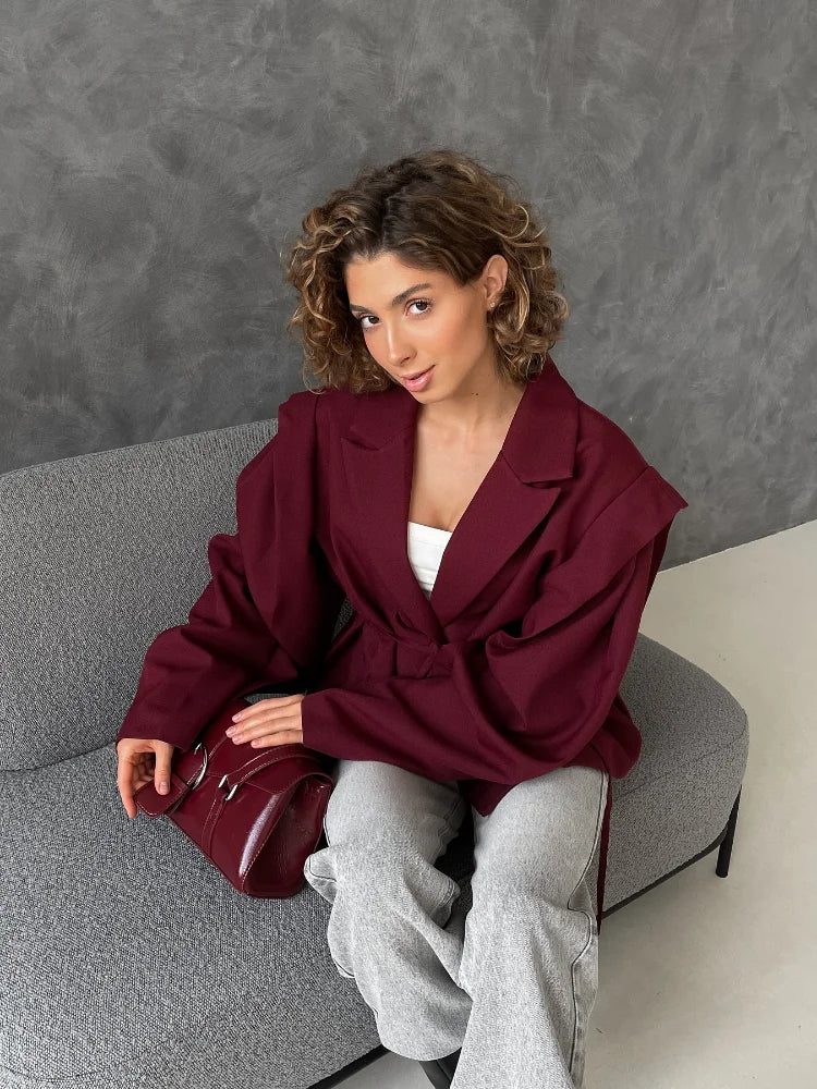 Trendy Lace-up Waist Cinching Blazer Woman Casual V-neck Solid Office Outerwear 2025 Autumn New Commute Long Sleeve Short Coats