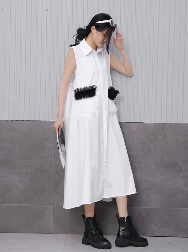 Front Pocket New 2025 Summer Korean Style Woman Black Sleeveless Shirt Dress Loose Fit Chic Holiday Casual Big Size Robe JKXD003