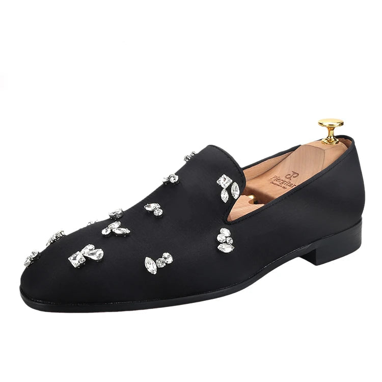 The same design red outsole moccasins with a smooth black crepe satin men's loafer.