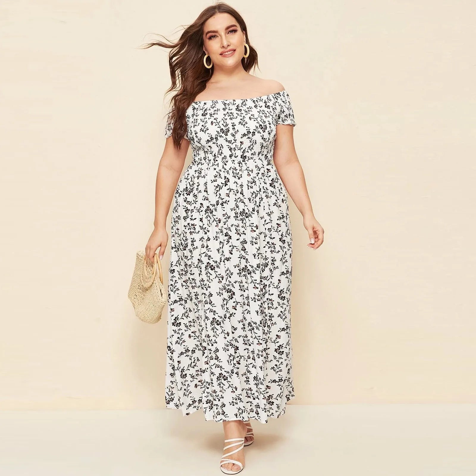 Plus Size Summer Dresses with Slash Necks, Shirred Bodice and Split Thigh Floral Dresses