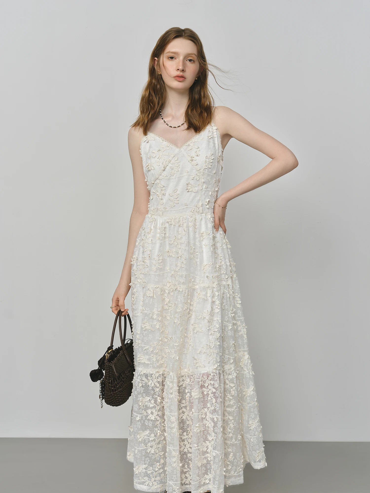 French Heavy Embroidery Floral Layered Strap Autumn Women Dresses