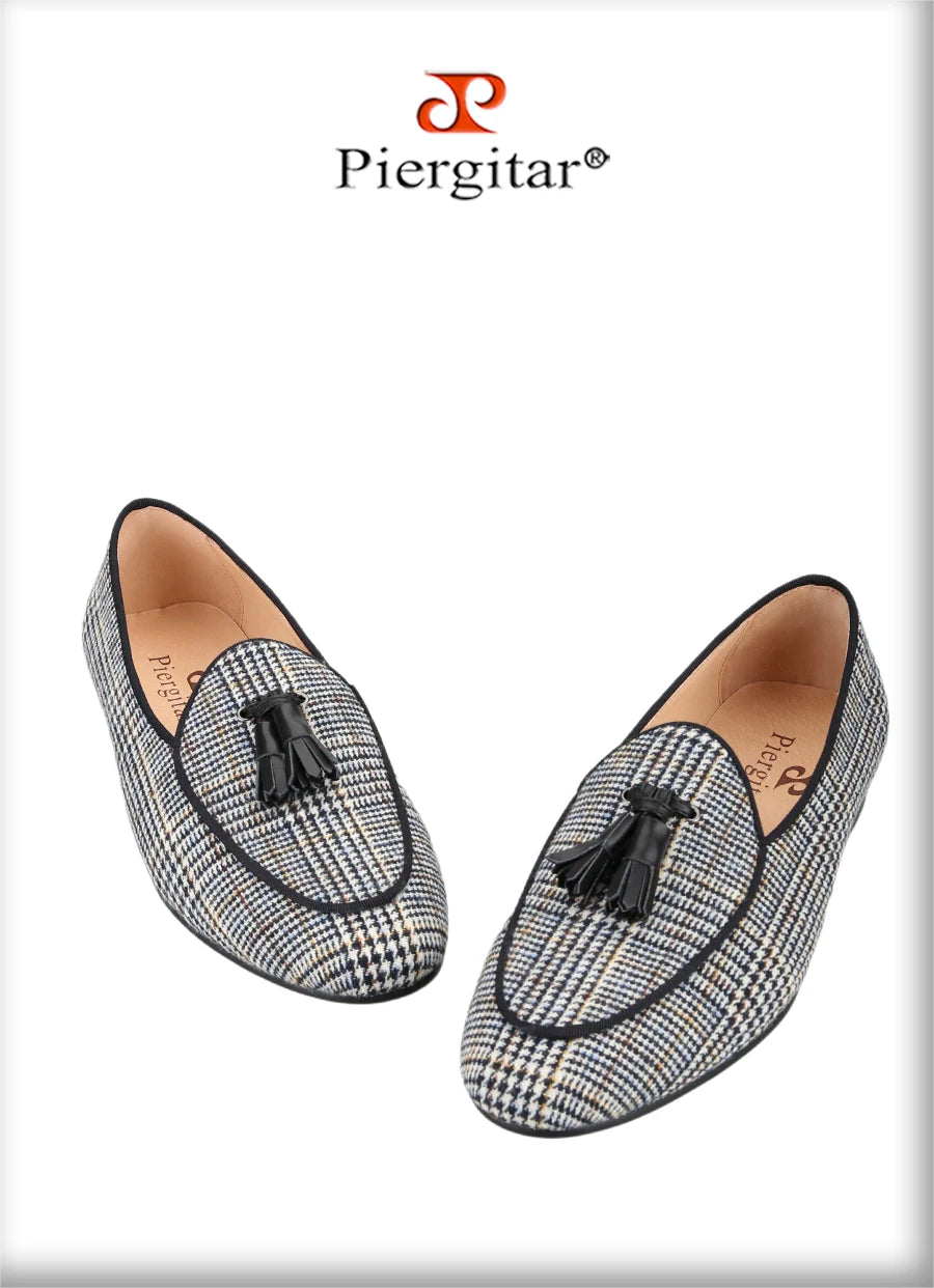 Piergitar Gray Color Gingham Cotton Men's Loafers With Leather Tassels Fashion Party Handmade Smoking Slippers Slip-On Flats