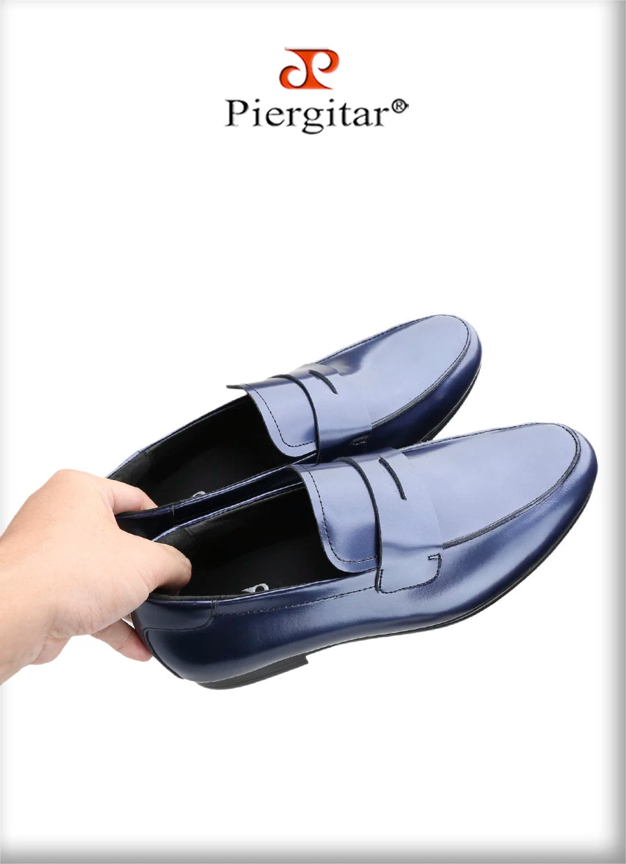 Piergitar Navy-Purple Smooth Genuine Leather Men's Penny Loafers Handmade Slip-On Male Flat Shoes For Party/Wedding Suit Wear