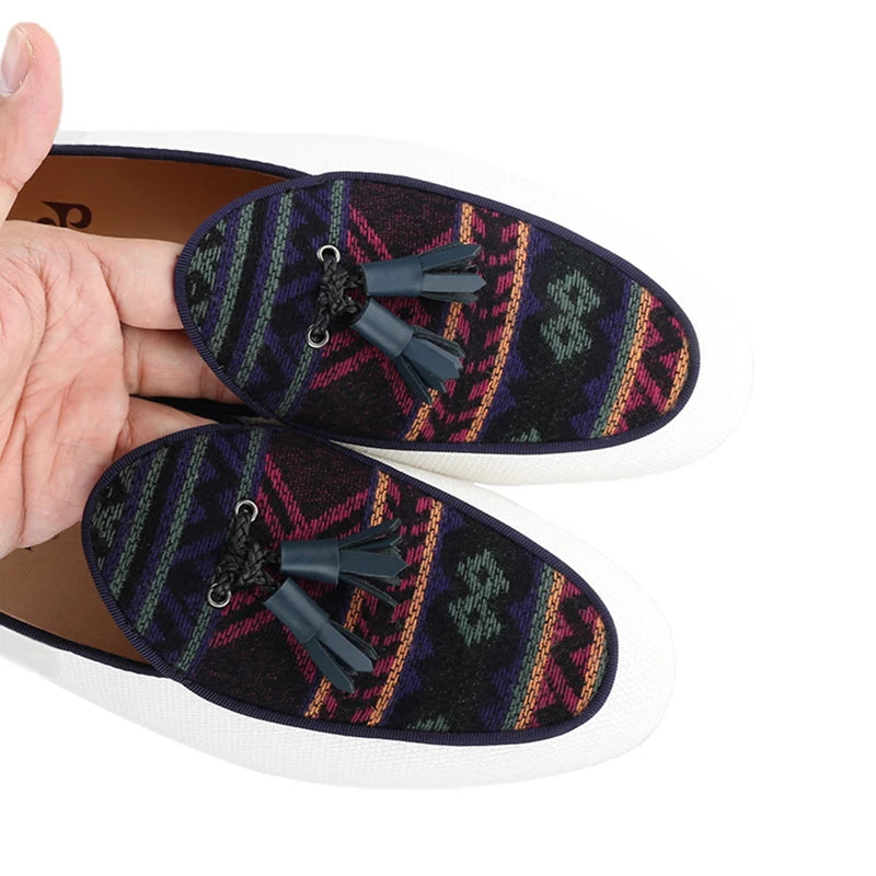 Men's Loafers in Classic Handmade Leather Tassels, Ivory Color Canvas Mix Ethnic Style Cotton