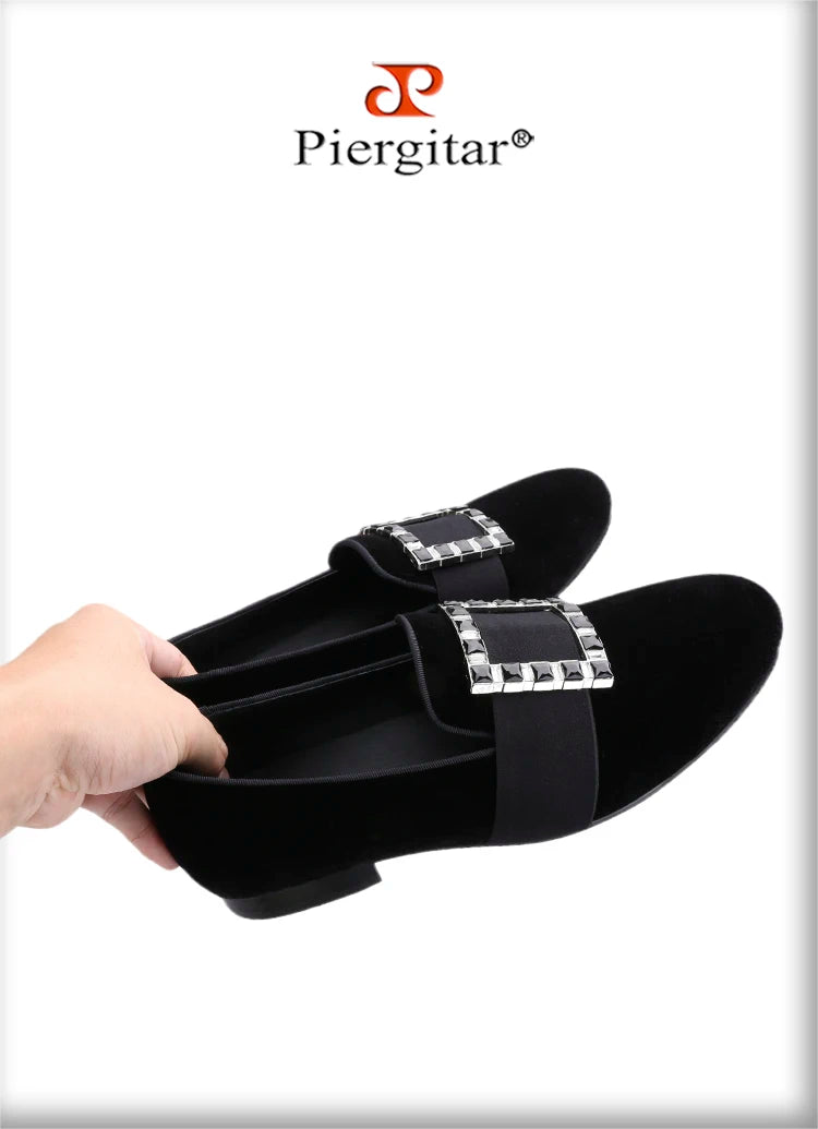Piergitar Black And Silver Rhinestones Square Buckles Men Velvet Shoes For Wedding Or Party Handmade Slip-On Loafers Plus Size